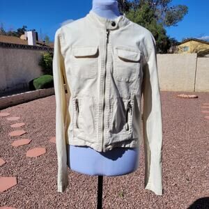 BB DAKOTA Womens Short Jacket Sz L Denim Cream Zippers 4 Pockets Fitted Grunge